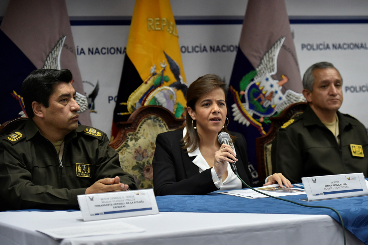 Ecuadorean Interior Minister Maria Paula Romo (C) speaks during a press conference to report on the 10-day crisis in Quito, on Oct. 15, 2019. (Photo by Luis Robayo/AFP via Getty Images)