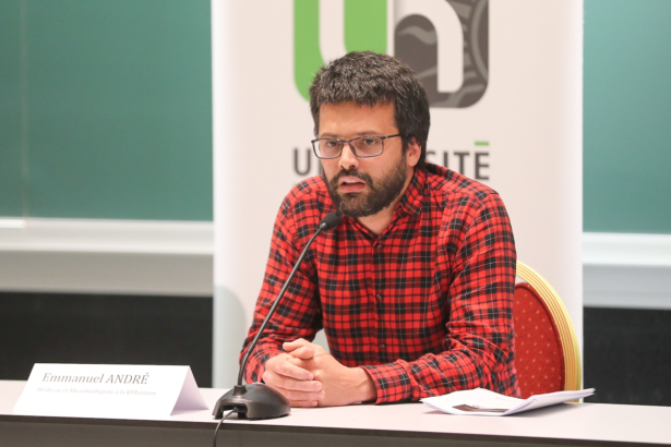 Covid-19 inter-federal spokesman Emmanuel Andre pictured during a press conference of the UNamur university to present a new way of diagnosing the CCP virus on March 17, 2020 in Namur. (Bruno Fahy/BELGA MAG/AFP via Getty Images)