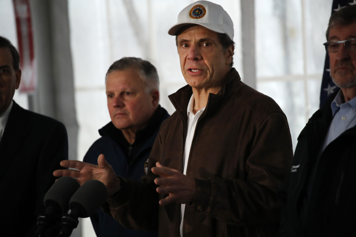New York Governor Andrew Cuomo speaks to the media and tours a newly opened drive through COVID-19 mobile testing center in New Rochelle, N.Y., on March 13, 2020. (Spencer Platt/Getty Images)