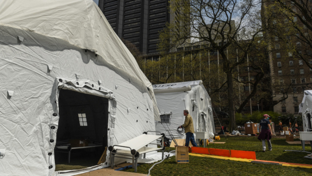 Tents are seen in an emergency field hospital to aid in the CCP virus pandemic in Central Park in New York City on March 30, 2020. (Stephanie Keith/Getty Images)