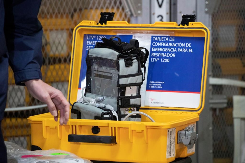 A ventilator is displayed during a news conference at the New York City Emergency Management Warehouse on March 24, 2020. (Mark Lennihan/The Canadian Press via AP)
