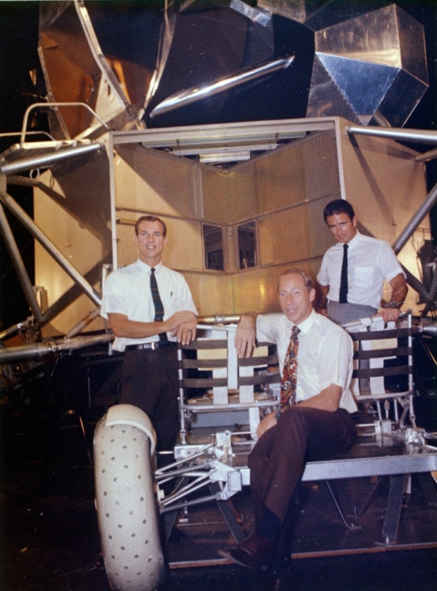 Astronauts Al Worden (C), Dave Scott (L), and Jim Irwin with a moon rover mock-up. (NASA via AP)
