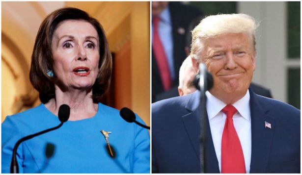 (L) House Speaker Nancy Pelosi (D-Calif.) on Capitol Hill in Washington on March 13, 2020. (Yuri Gripas/Reuters) (R) President Donald Trump at the Rose Garden of the White House in Washington on March 13, 2020. (Saul Loeb/AFP via Getty Images)