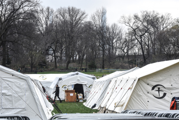 People set up an emergency field hospital to aid in the CCP virus pandemic in Central Park in New York City on March 30, 2020. (Stephanie Keith/Getty Images)