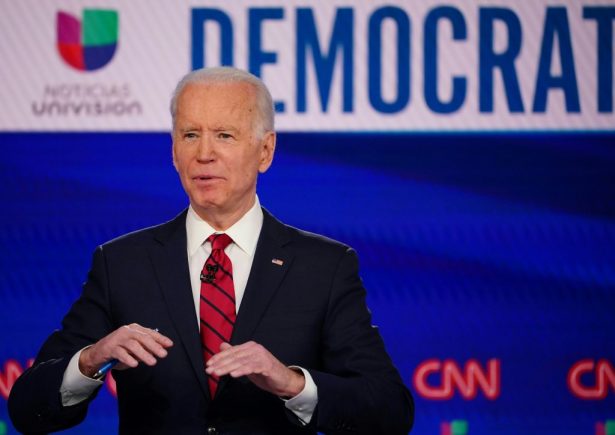 Democratic presidential hopeful former US vice president Joe Biden makes a point as he and Senator Bernie Sanders take part in the 11th Democratic Party 2020 presidential debate in a CNN Washington Bureau studio in Washington, on March 15, 2020. (Mandel Ngan/AFP/Getty Images)