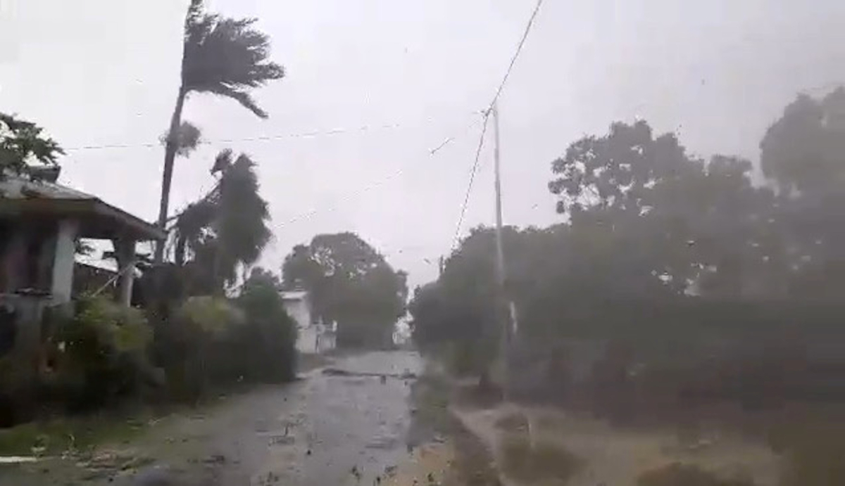 Cyclone Harold brings strong winds in Luganville, Vanuatu on April 6, 2020, in this still image obtained from a social media video. (Courtesy of Adra Vanuatu/Social Media via Reuters)