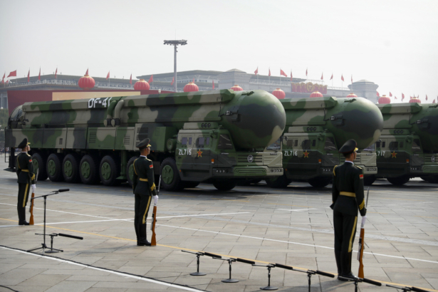 Chinese military vehicles carrying DF-41 ballistic missiles roll during a parade to commemorate the 70th anniversary of the founding of Communist China in Beijing on Oct. 1, 2019. (Mark Schiefelbein/AP Photo)