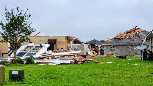 Damaged buildings are seen in the aftermath of a tornado in Monroe, La., on April 12, 2020. (Courtesy of Peter Tuberville/Social Media via Reuters)