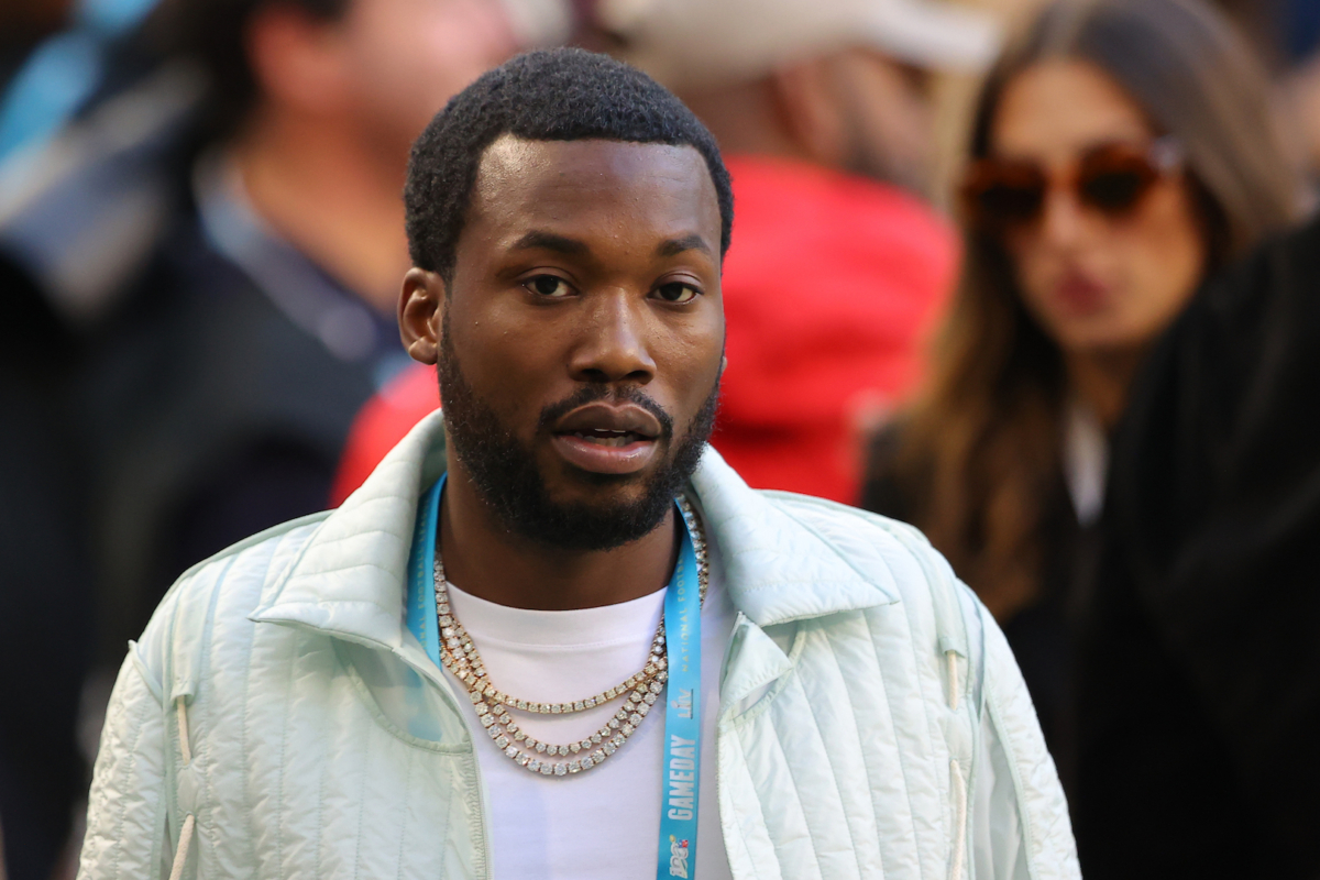 American rapper Meek Mill looks on before Super Bowl LIV at Hard Rock Stadium on Feb. 2, 2020 in Miami, Florida. (Photo by Ronald Martinez/Getty Images)