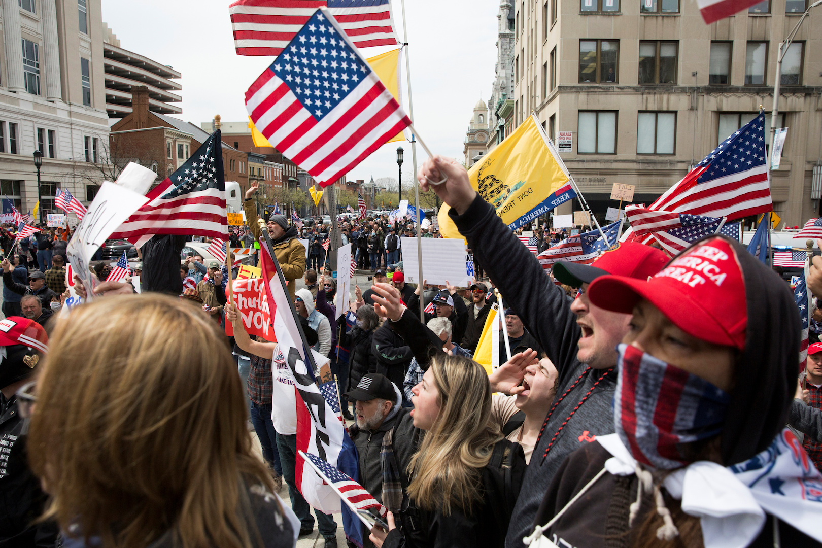 Demonstrators gather to protest against the state's extended stay-at-home order to help slow the spread of the CCP virus in Harrisburg, Penn., on April 20, 2020. (Rachel Wisniewski/Reuters)
