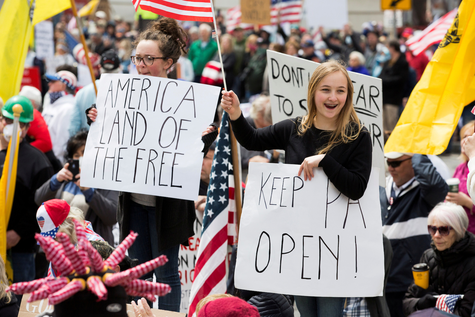 Demonstrators gather to protest against the state's extended stay-at-home order to help slow the spread of the CCP virus in Harrisburg, Penn., on April 20, 2020. (Rachel Wisniewski/Reuters)