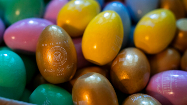 Wooden Easter eggs sit in a box at the White House on April 8, 2020. (Evan Vucci/AP Photo)
