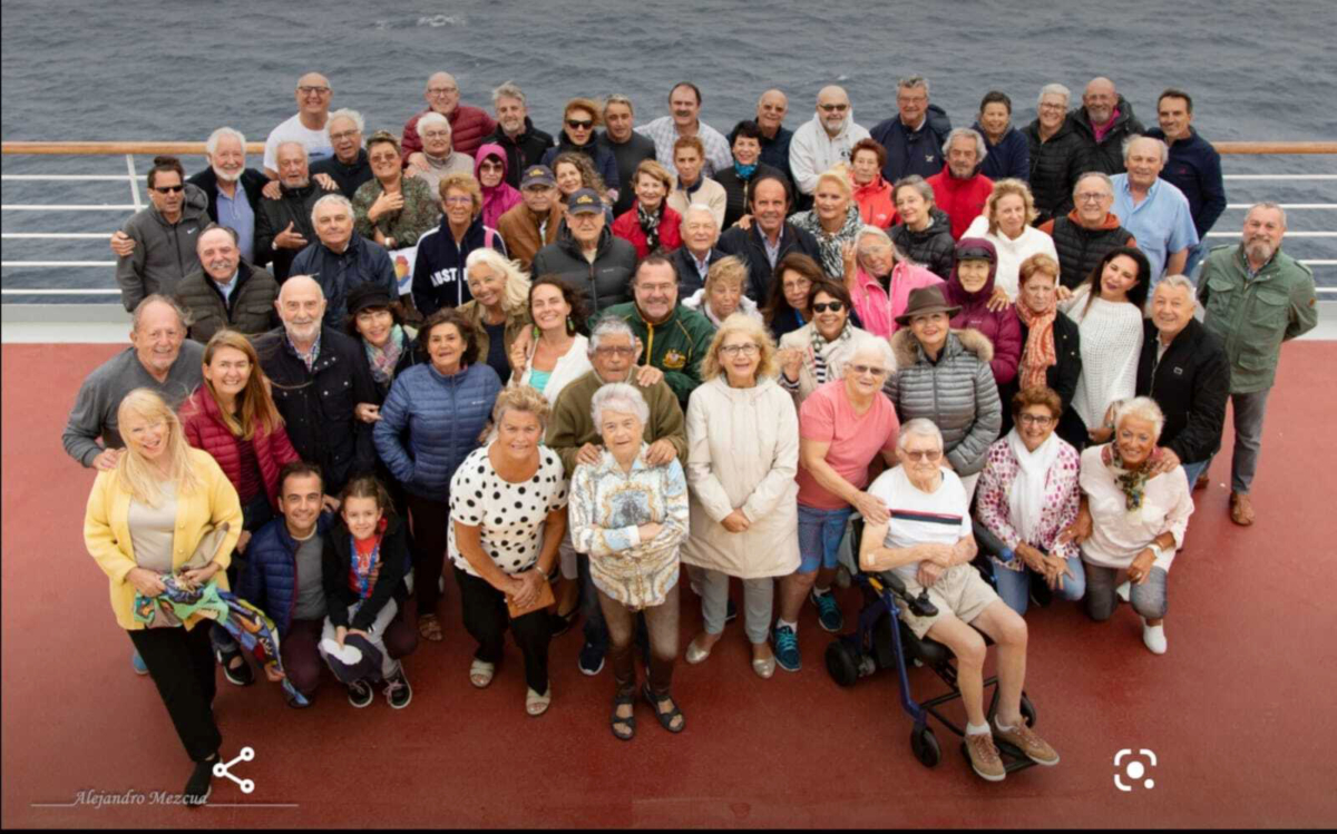 A group of fellow Spaniards on board the Deliziosa Costa cruise ship on April 19, 2020. (Alejandro Mezcua via AP)