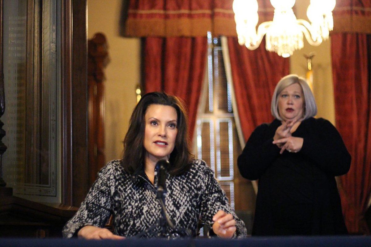 Michigan Gov. Gretchen Whitmer during a speech in Lansing, Mich., on April 13, 2020. (Michigan Office of the Governor via AP)