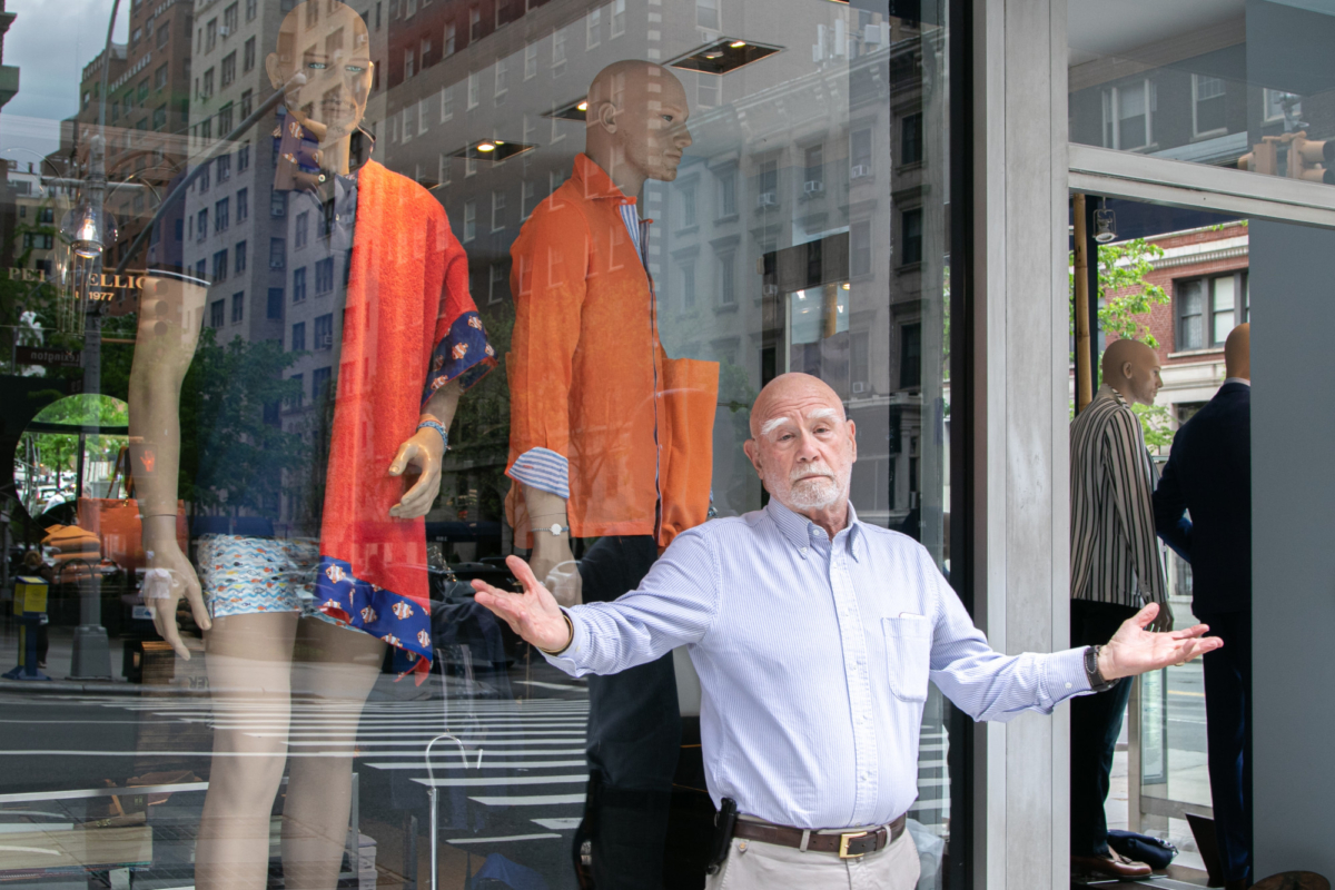 Eliot Rabin, owner of Peter Elliot Blue, stands outside his store in Manhattan, New York, on May 4, 2020. (Chung I Ho/The Epoch Times)