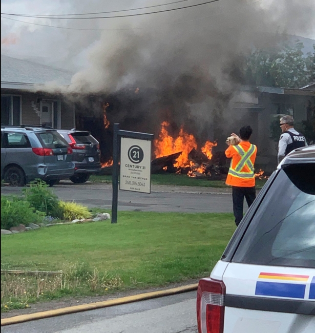 The scene of a crash involving a Canadian Forces Snowbirds airplane in Kamloops, Canada, on May 17, 2020. (Elwood Delaney via AP)