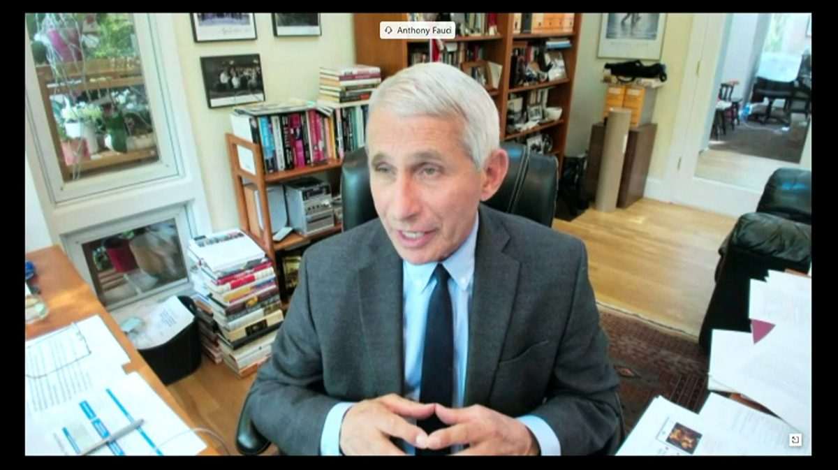 Dr. Anthony Fauci, director of the National Institute of Allergy and Infectious Diseases is seen in a frame grab from a video feed as he testifies remotely from his home during a Senate Committee for Health, Education, Labor, and Pensions hearing on the CCP virus in Washington, on May 12, 2020. (Senate Committee for Health, Education, Labor, and Pensions Committee/Reuters)