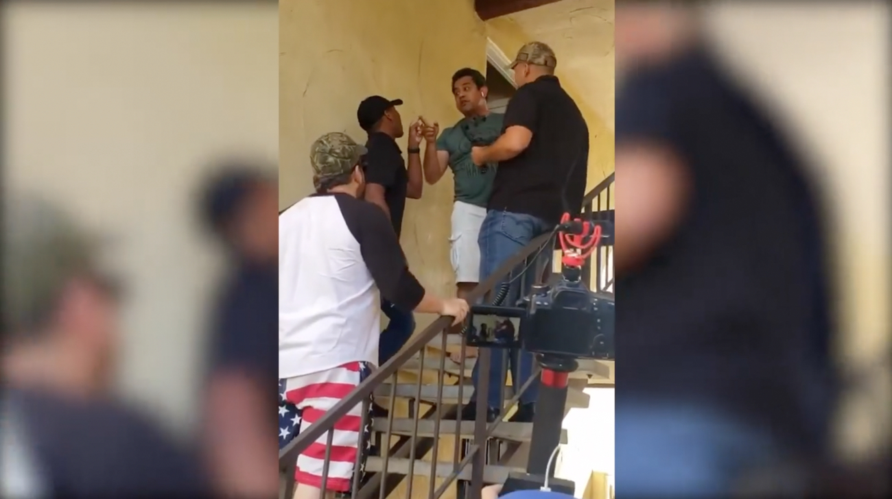 Conservative journalist and host of Frontline America Ben Bergquam and others are confronted by City Council President Miguel Arias in Fresno, California, on May 12, 2020. (Frontline America with Ben Bergquam/Facebook/screenshot)