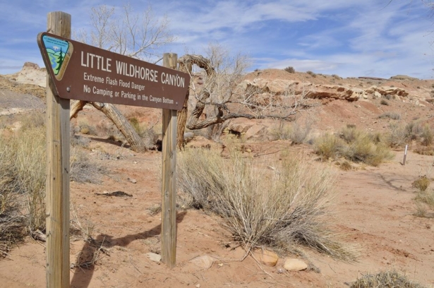 A sign at the Little Wild Horse Canyon that reads "Extreme Flash Flood Danger, No Camping or Parking in the Canyon Bottom." (Emery County Sheriff’s Office)