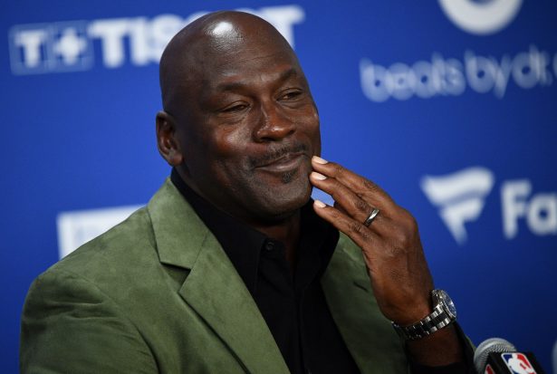 Former NBA star and owner of Charlotte Hornets team Michael Jordan looks on as he addresses a press conference ahead of the NBA basketball match between Milwaukee Bucks and Charlotte Hornets at The AccorHotels Arena in Paris on Jan. 24, 2020. (Christine Poujoulat /AFP via Getty Images)