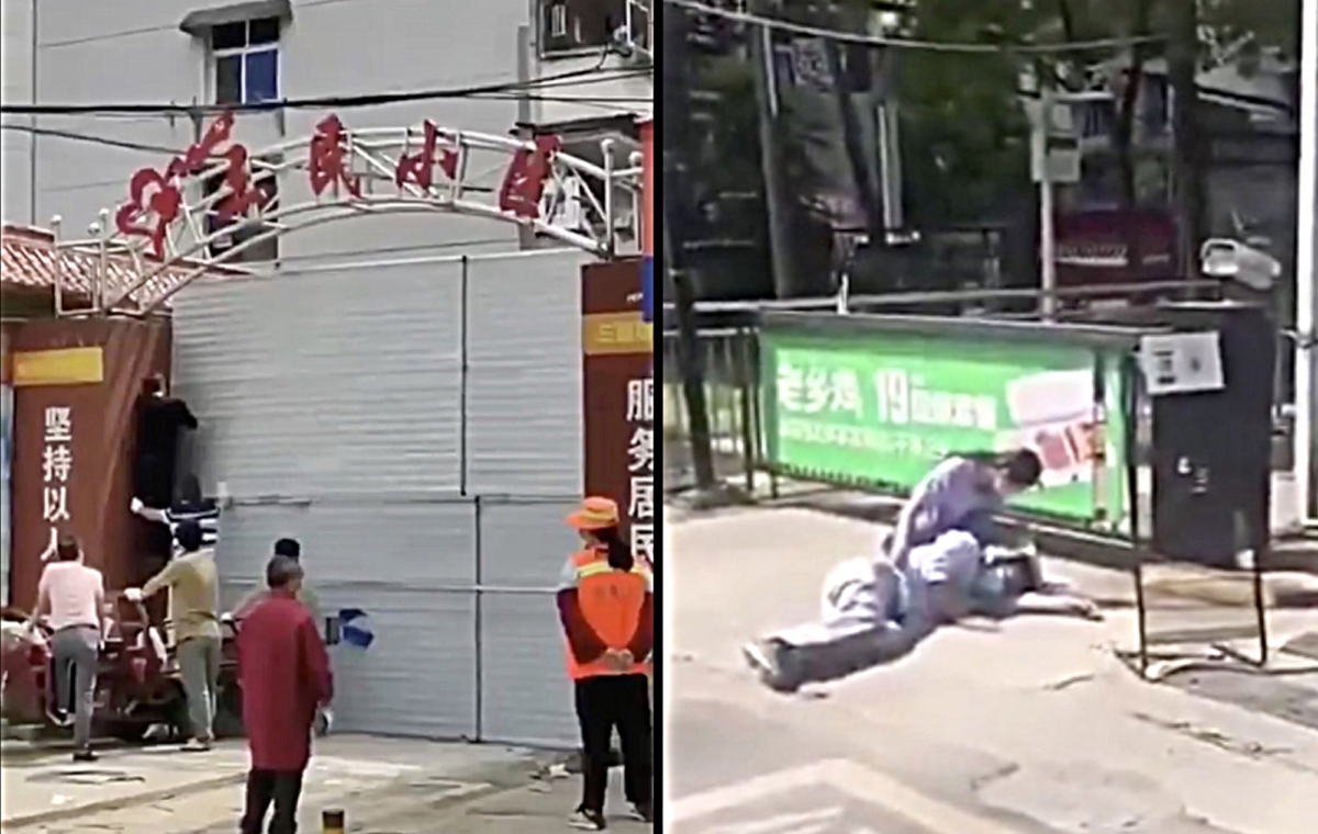 Workers are fully locking down the Sanmin residential compound, while another person fell down on the street in Wuhan, China, on May 14, 2020. (Screenshot)