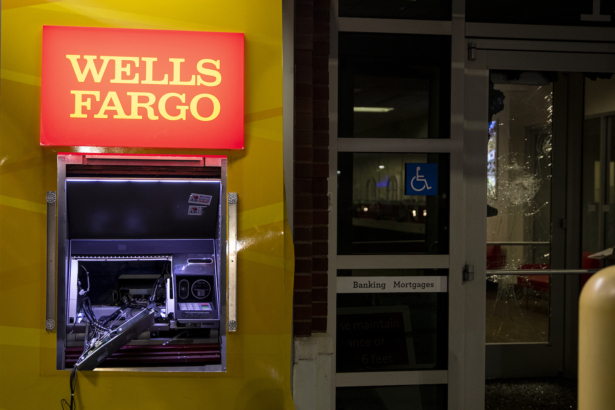 A broken ATM at a Wells Fargo Bank at Park West Town Center in West Philadelphia, on May 31, 2020. (Tyger Williams/The Philadelphia Inquirer/AP)