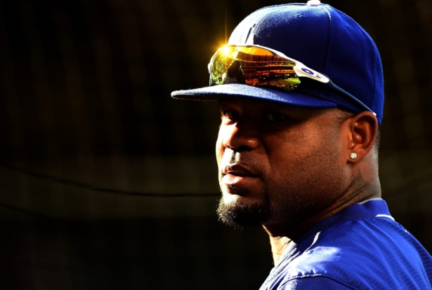 Carl Crawford #3 of the Los Angeles Dodgers at batting practice before the game against the Los Angeles Angels at Angel Stadium in Anaheim, Calif., on May 19, 2016. (Harry How/Getty Images)