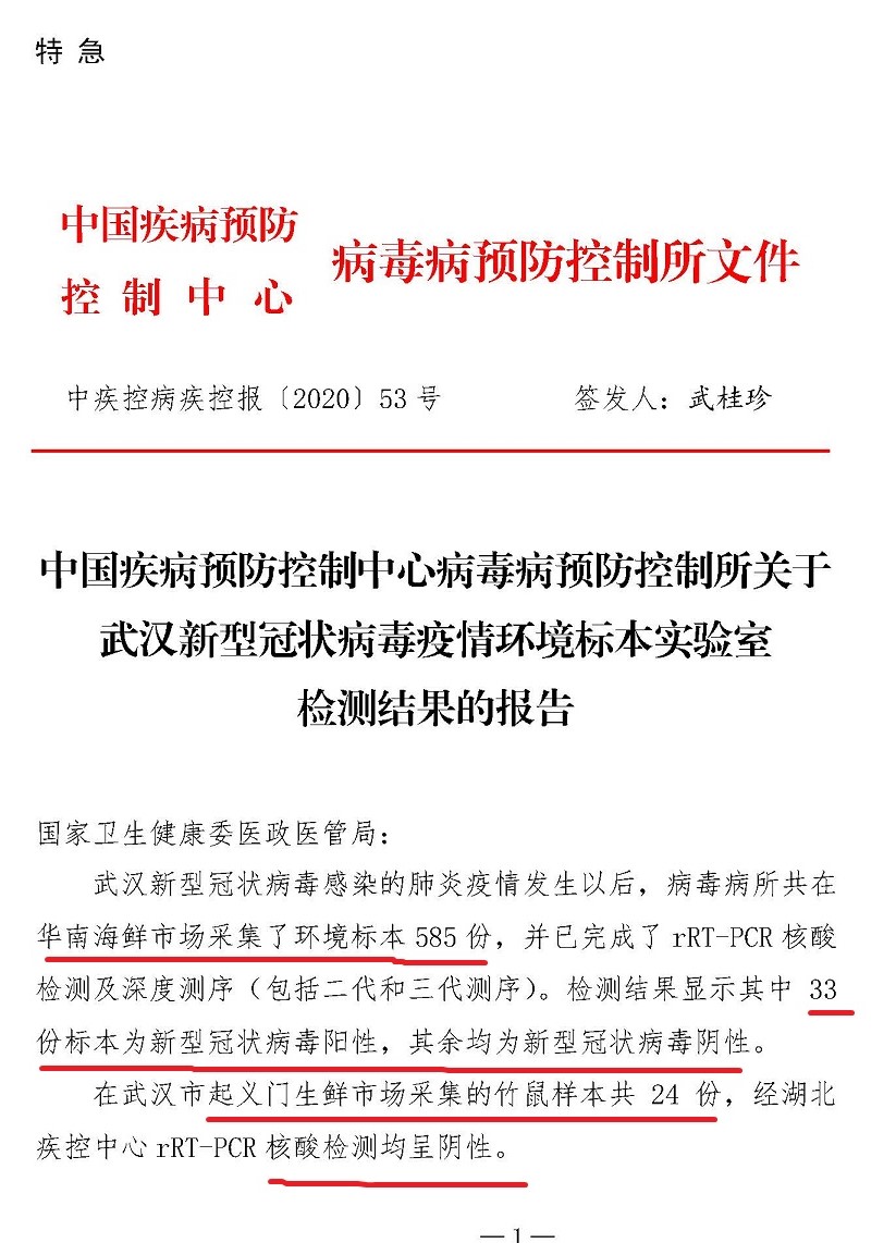 The China Center for Disease Control and Prevention (CDC) reported the results of its investigation into the Huanan Seafood Wholesale Market in Wuhan, China, dated Jan. 22, 2020. (Provided to The Epoch Times by insider)