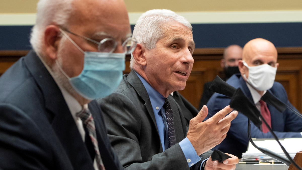 Dr. Anthony Fauci (C), Director of the National Institute for Allergy and Infectious Diseases, National Institutes of Health, testifies alongside Dr. Robert Redfield (L), Director, Centers for Disease Control and Prevention; and Dr. Stephen M. Hahn, Commissioner, U.S. Food and Drug Administration; during a House Energy and Commerce Committee hearing on the Trump Administration's Response to the COVID-19 Pandemic, on Capitol Hill in Washington, on June 23, 2020. (Kevin Dietsch/POOL/AFP via Getty Images)