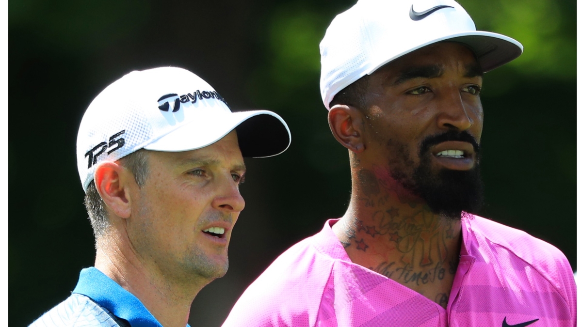 Justin Rose of England and Earl Joseph "J. R." Smith III of the Cleveland Cavaliers are pictured together during the Pro Am event prior to the start of The Northern Trust at Ridgewood CC, on Aug. 22, 2018 in Ridgewood, New Jersey. (Photo by Andrew Redington/Getty Images)