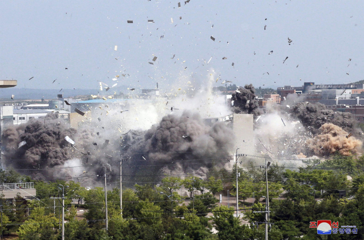 This photo provided by the North Korean government shows the demolition of an inter-Korean liaison office building in Kaesong, North Korea, on June 16, 2020. (Korean Central News Agency/Korea News Service via AP)