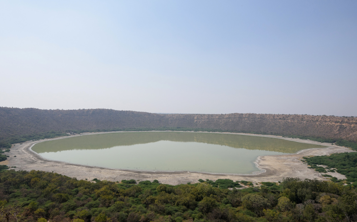 Lonar Crater and its saline lake in India's Maharashtra state, India, on Feb. 19, 2019. (Alex Ogle/AFP via Getty Images)