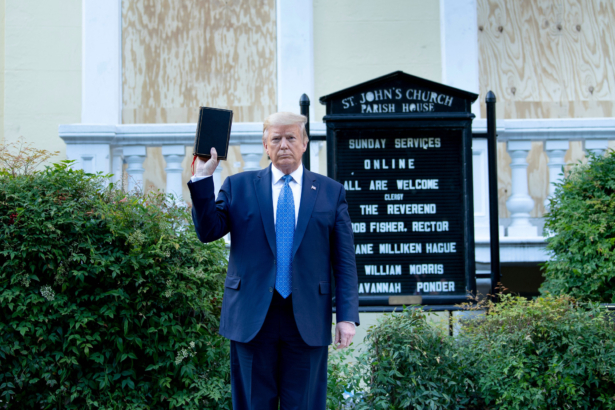 President Donald Trump holds a Bible while visiting St. John's Church across from the White House in Washington, on June 1, 2020. (Brendan Smialowski/AFP via Getty Images)