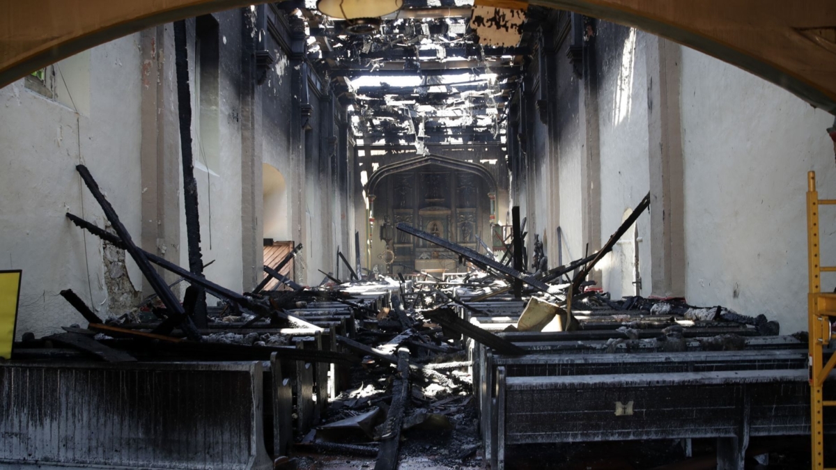The interior of the San Gabriel Mission is damaged following a morning fire in San Gabriel, Calif., on July 11, 2020. (Marcio Jose Sanchez/AP Photo)