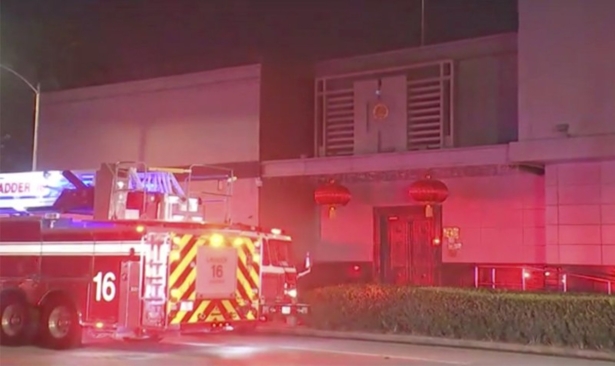 A fire engine is seen outside the Chinese consulate in Houston on July 21, 2020. (KTRK via AP)