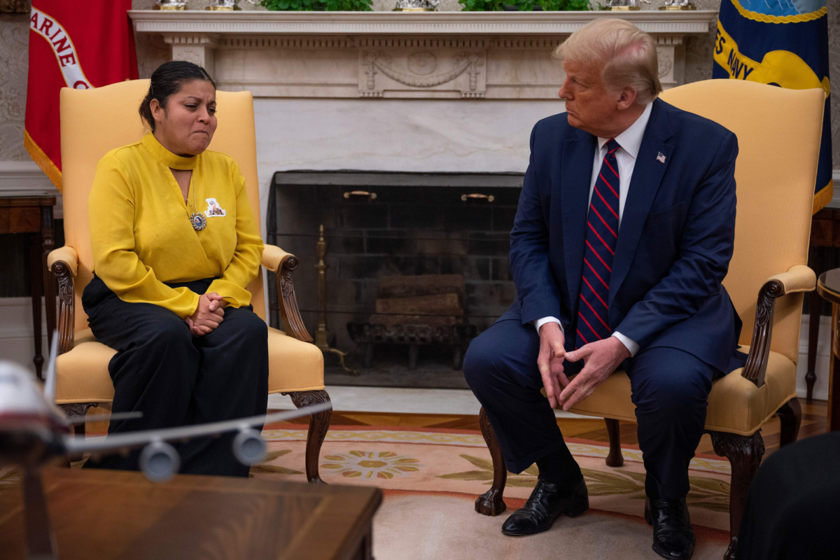 President Donald Trump speaks with Gloria Guillen, the mother of Vanessa Guillen, a Fort Hood soldier found dead after disappearing from Fort Hood, Texas, in the Oval Office of the White House in Washington on July 30, 2020. (Jim Watson/AFP via Getty Images)