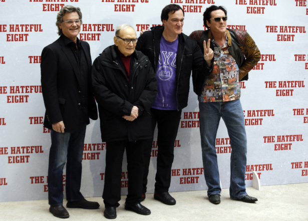 From left, actor Kurt Russell, Italian composer Ennio Morricone, director Quentin Tarantino and actor Michael Madsen pose for photographers during a photo call of the movie The Hateful Eight, in Rome, Italy, on Jan. 28, 2016. (Gregorio Borgia/ file/AP Photo)
