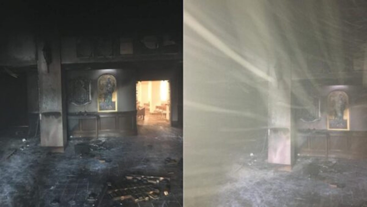The foyer of the Queen of Peace Catholic Church in Ocala is seen damaged after it was set on fire on July 11, 2020. (Marion County Sheriff's Office)