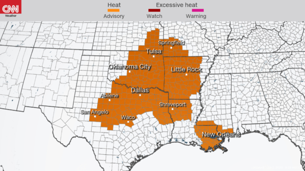 <br/>Heat advisories are in effect for over 22 million Americans from Missouri to Texas, including in Oklahoma, Arkansas, and Louisiana. (CNN Weather)