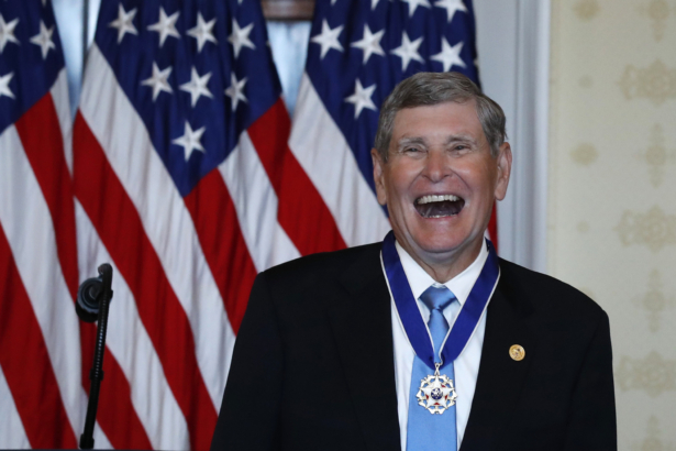 Jim Ryun reacts after President Donald Trump presented the Presidential Medal of Freedom to Ryun, in the Blue Room of the White House in Washington, on July 24, 2020. (Alex Brandon/AP)