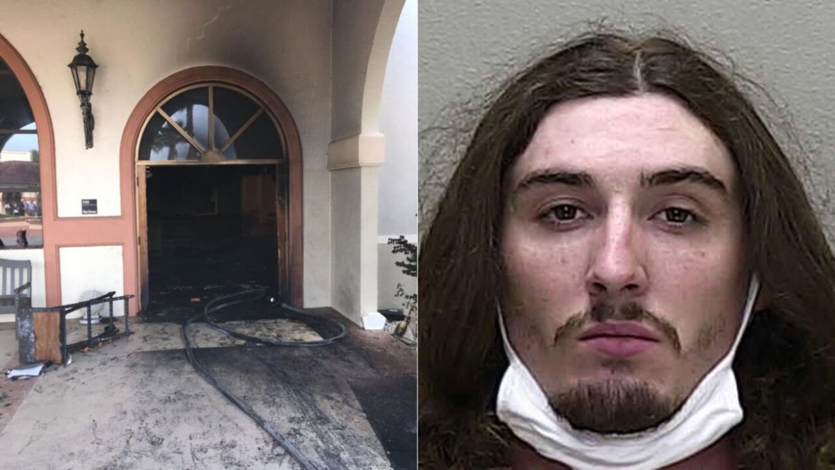 Steven Anthony Shields, right, in a booking photo. On left, the front doors of the church officials say Shields crashed into and attempted to set on fire in Marion County, Fla., on July 11, 2020. (Marion County Sheriff's Office)
