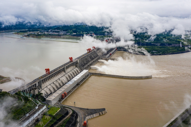 Water being released from the Three Gorges Dam, a gigantic hydropower project on the Yangtze river, in Yichang, central China's Hubei province on June 29, 2020. (STR/AFP via Getty Images)