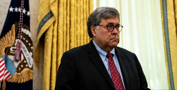 Attorney General William Barr listens as President Donald Trump addresses reporters in the Oval Office of the White House after receiving a briefing from law enforcement on "Keeping American Communities Safe: The Takedown of Key MS-13 Criminal Leaders" in Washington, on July 15, 2020. (Anna Moneymaker-Pool/Getty Images)