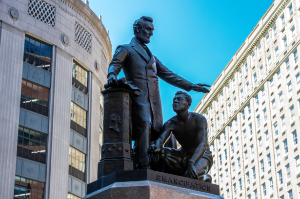 The Abraham Lincoln Statue, erected in 1879, by Thomas Ball, in Park Square in Boston, Massachusetts, on June 16, 2020. (Joseph Prezioso/AFP via Getty Images)