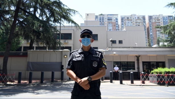 A police stand guard in front of the U.S. Consulate in Chengdu, southwestern China's Sichuan, province on July 27, 2020. (Noel Celis/AFP via Getty Images)