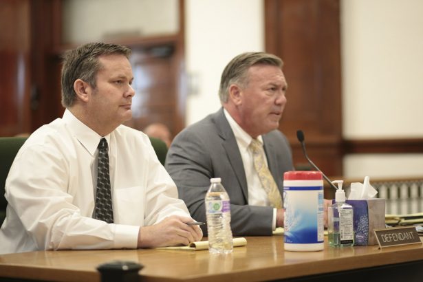 Chad Daybell, (L), sits with his defense attorney, John Prior, during his preliminary hearing in St. Anthony, Idaho, on Aug. 4, 2020. (John Roark/Post Register via AP)