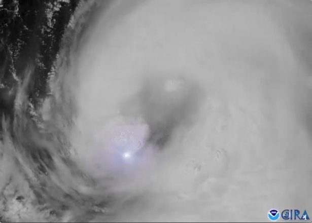 A satellite view of lightning from Hurricane Laura, on Aug. 25, 2020, in this still image from video obtained via social media. (NOAA via Reuters)