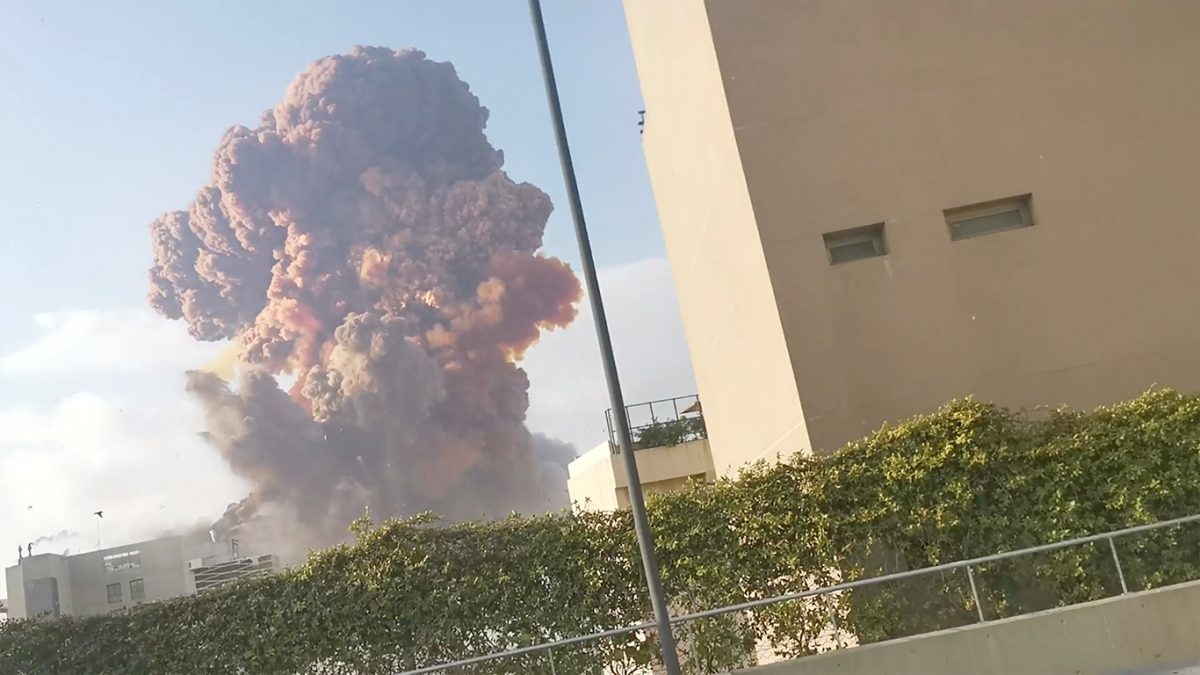 Smoke rises after an explosion in Beirut, Lebanon, on Aug. 4, 2020, in this picture obtained from a social media video. (Karim Sokhn/Instagram/Ksokhn + Thebikekitchenbeirut/via Reuters)