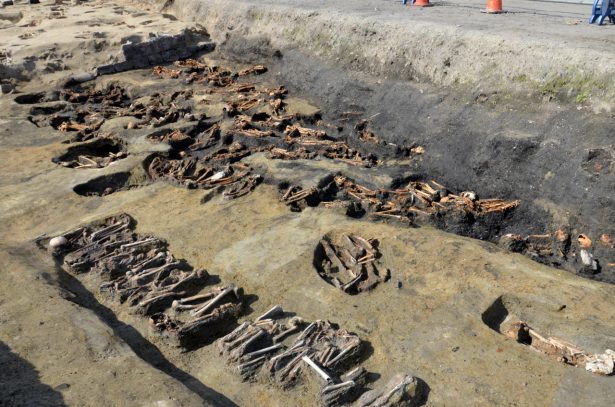 Archaeologists dug up remains of more than 1,500 people, many of them showing signs of death from an epidemic, at the site of a 19th-century mass grave during an excavation ahead of a city development project near a main train station in Osaka, western Japan. (Osaka City Cultural Properties Association via AP)