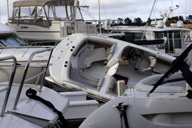 Boats are piled on each other at the Southport Marina following the effects of Hurricane Isaias in Southport, N.C. on Aug. 4, 2020. (AP Photo/Gerry Broome)